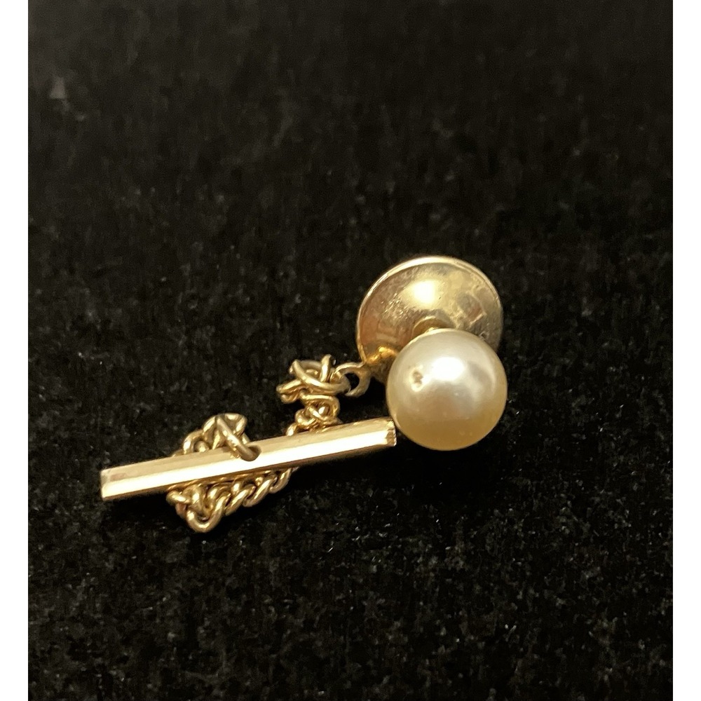 VTG Faux Solitaire Pearl Gold Tone Tie Tack & Chain Men’s Estate Jewelry